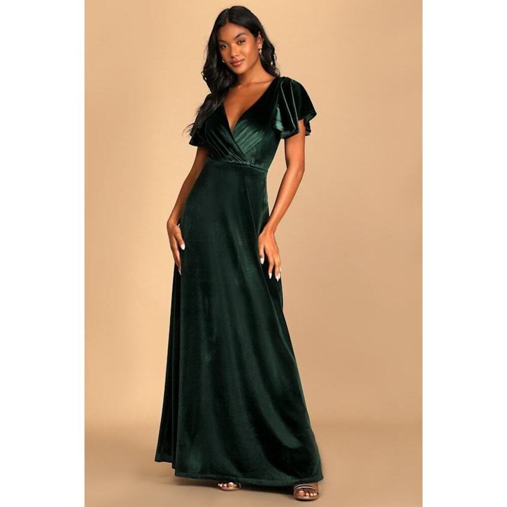 Lulus Absolutely Amazed Emerald Green Velvet Flutter Sleeve Maxi Dress - Size XS